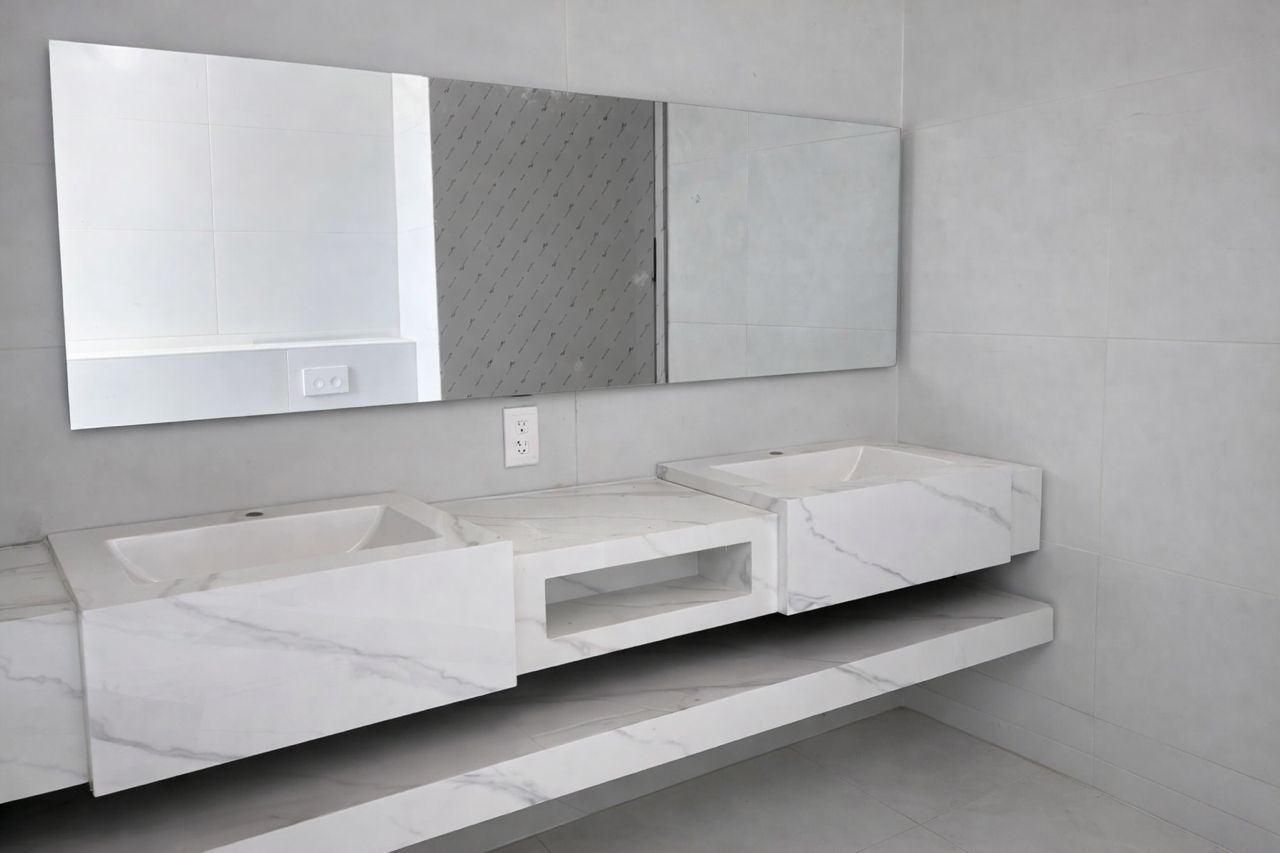 Bathroom vanity in a completed, managed residential unit